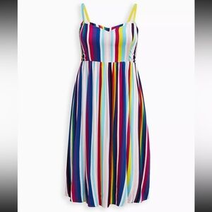 Torrid Dress Women’s Size 3XL 22-24 Rainbow Midi Striped Challis Skater NWT